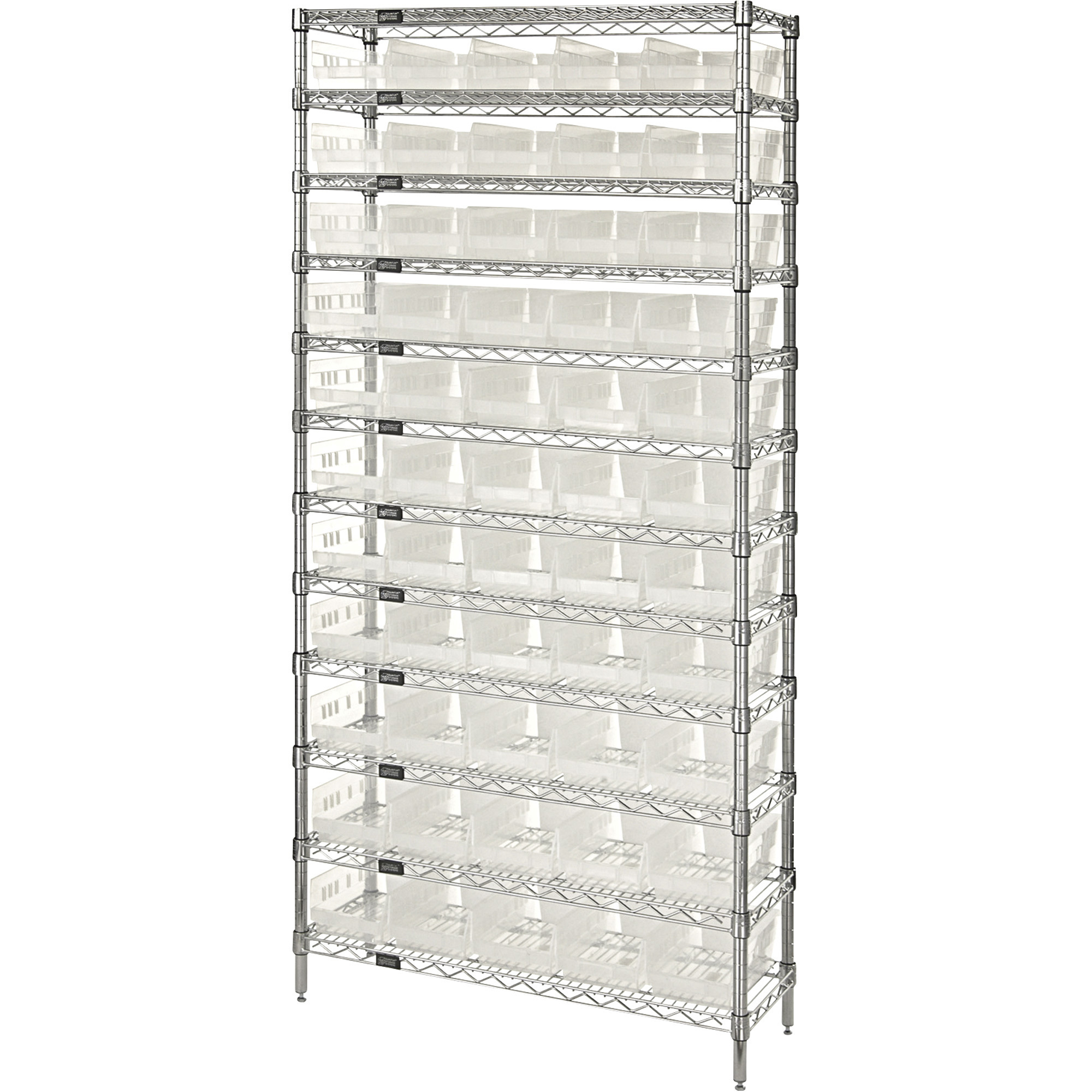 Quantum Storage Complete Single Side Wire Shelving Unit with 55 Bins, 36in.W x 18in.D x 74in.H, Clear, Model# WR12-104CL